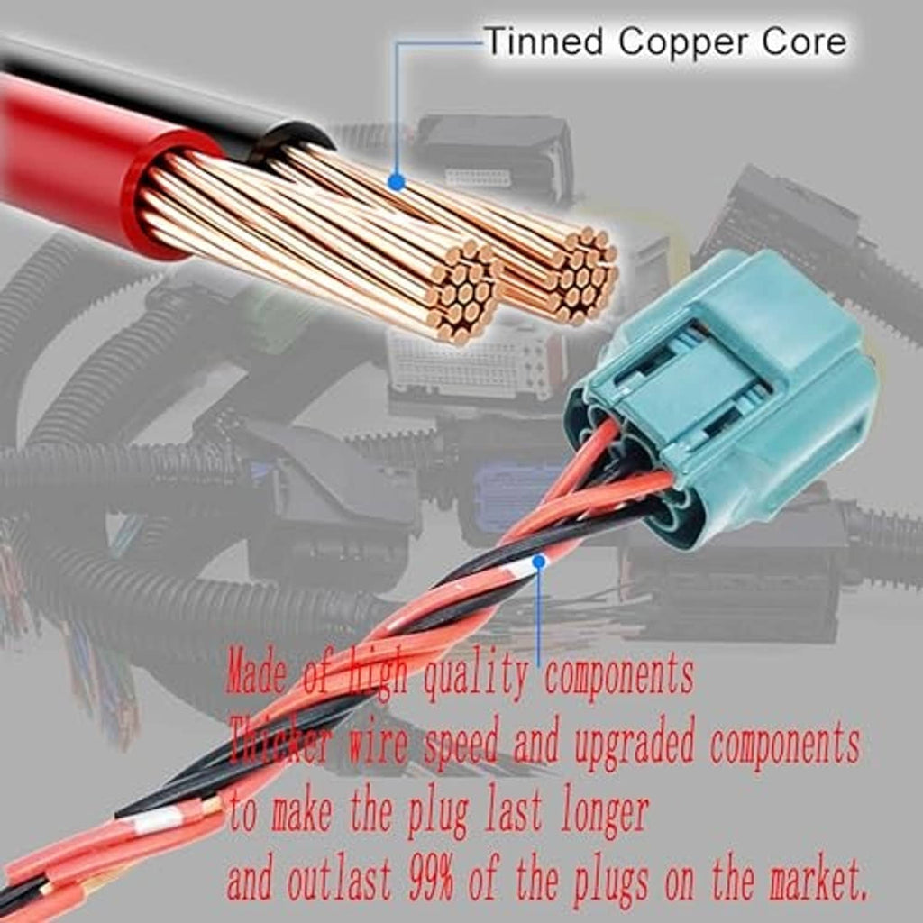 Teal connector plug with red/black twisted wires, showing tinned copper strands