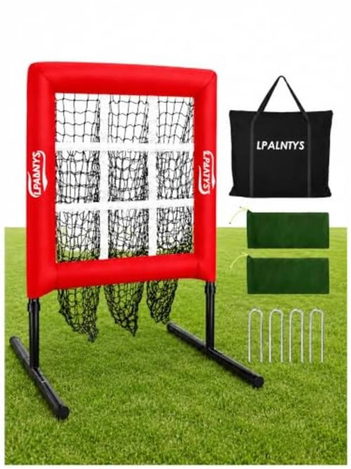 Red pitching strike-zone net with square grid, black carry bag and green side net