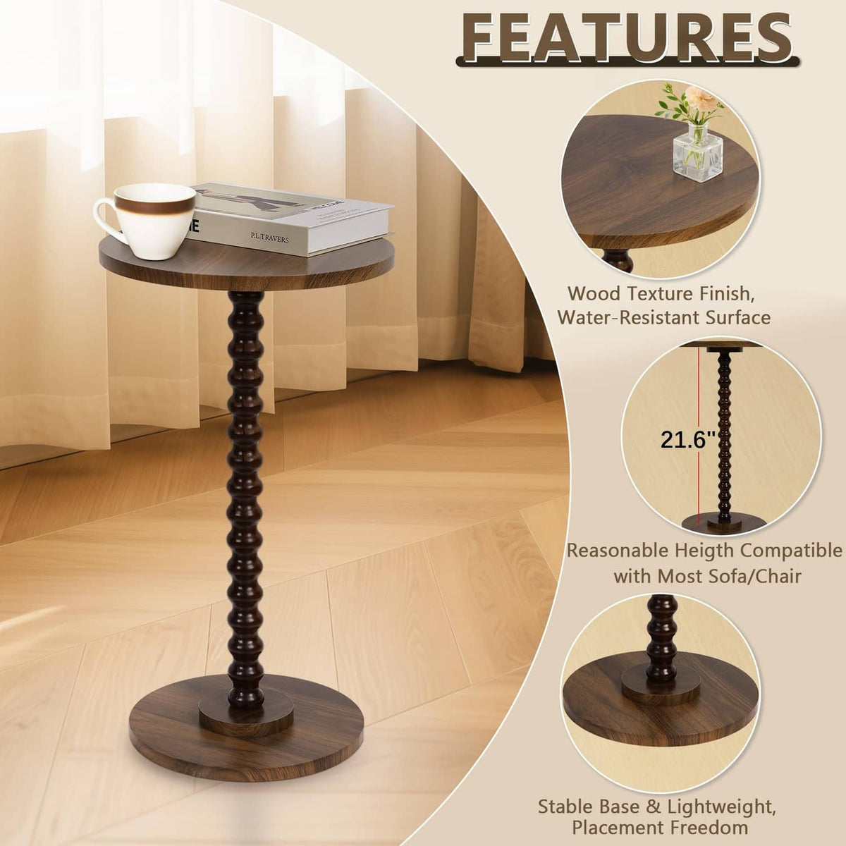 Rustic brown round side table with turned pedestal base beside couch
