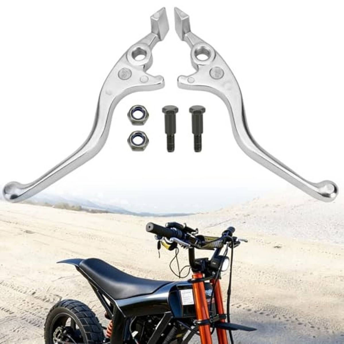 Left and right silver lever handbrakes set with mounting screws and nuts