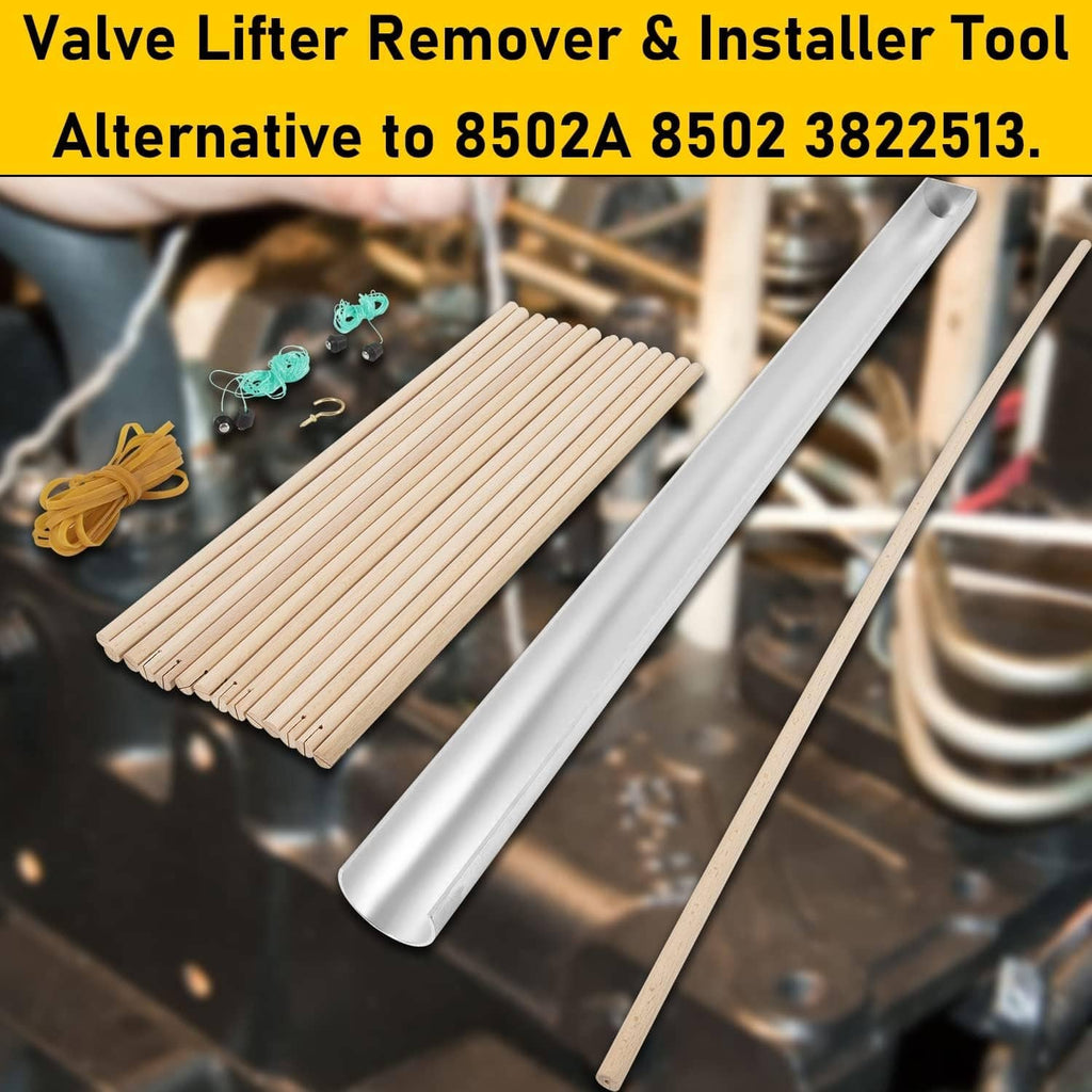 Valve lifter remover and installer tool with metal trough, dowel rods, and orange cord