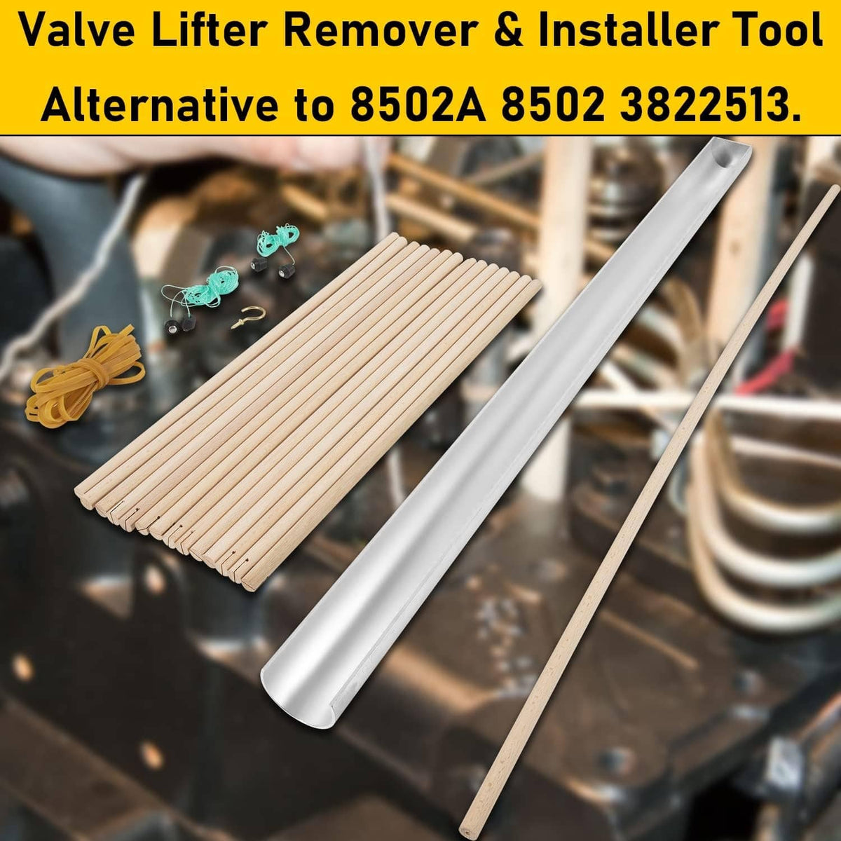 Valve lifter remover and installer tool with metal trough, dowel rods, and orange cord