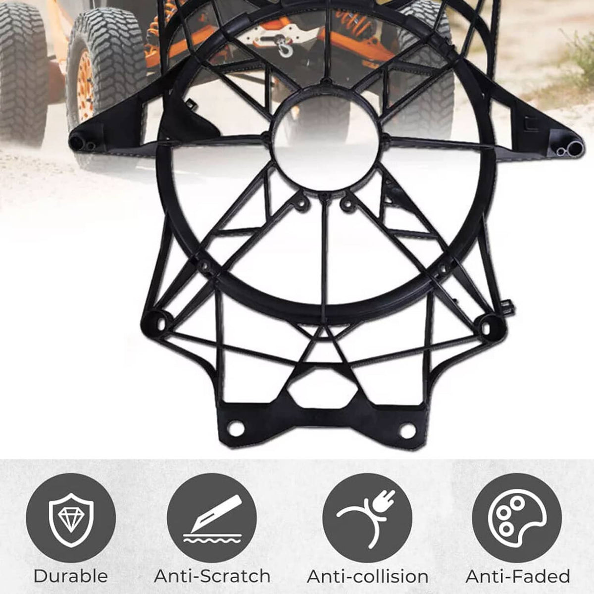 Front view of black fan cover frame with circular grille and protective ring