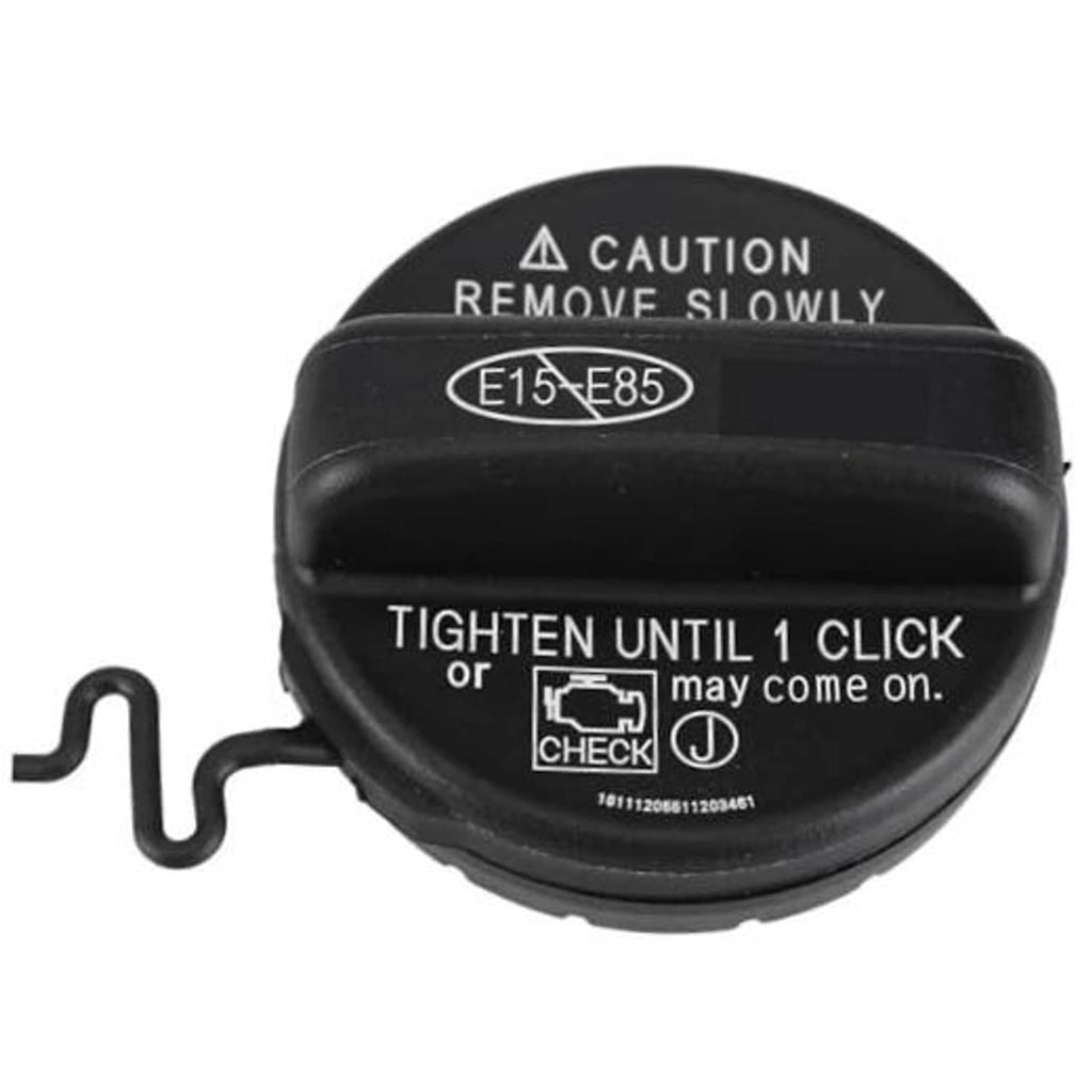 Black fuel tank gas cap with caution label and vent hose, tighten until 1 click