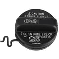 Black fuel tank gas cap with caution label and vent hose, tighten until 1 click