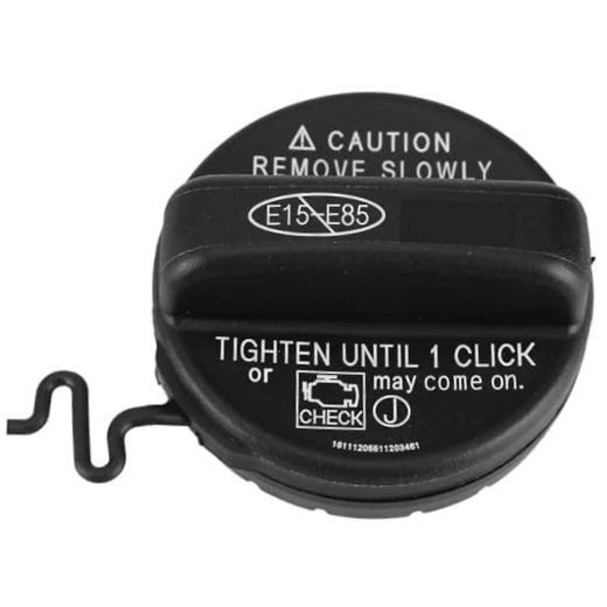 Black fuel tank gas cap with caution label and vent hose, tighten until 1 click