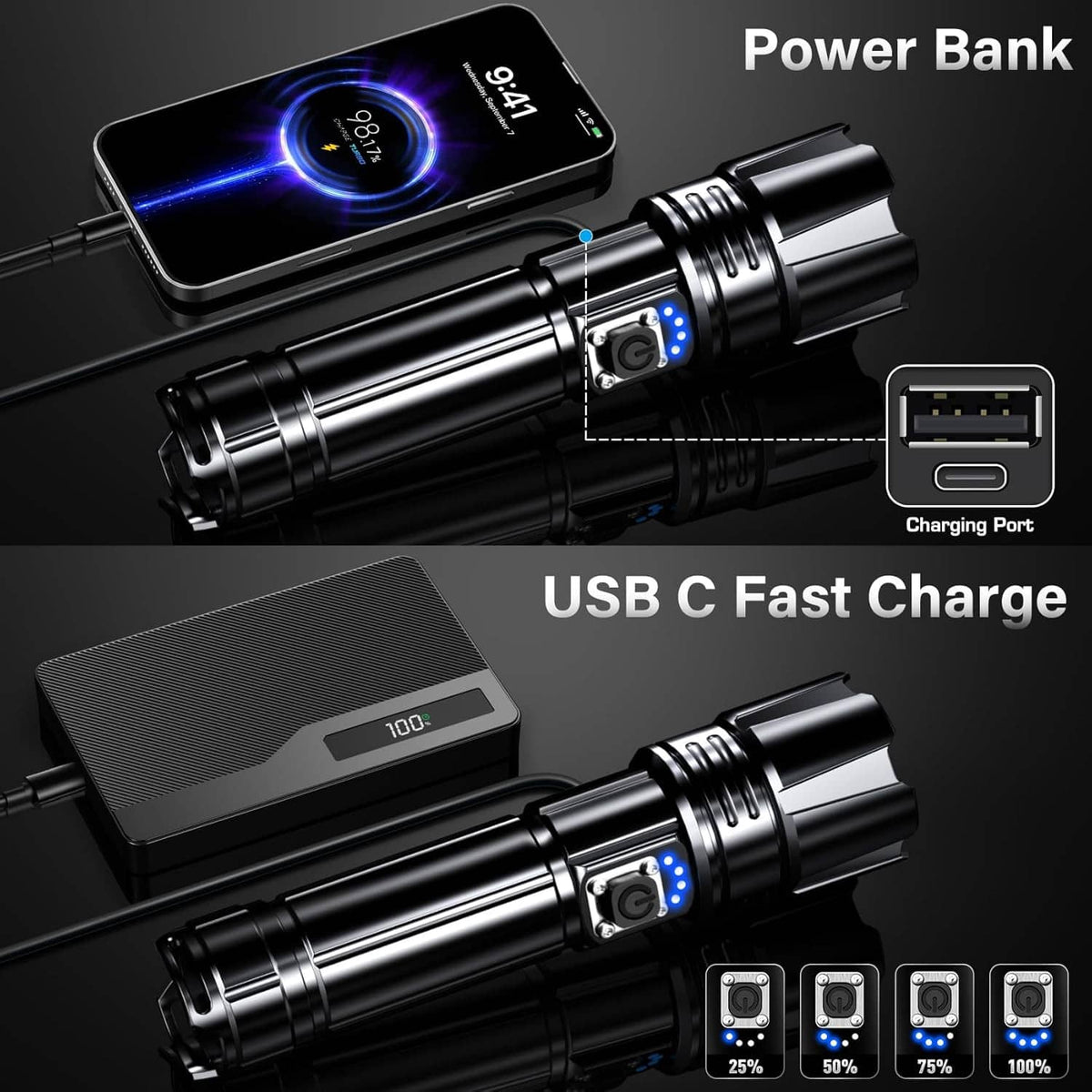 Black rechargeable LED flashlight with power bank and USB-C charging port