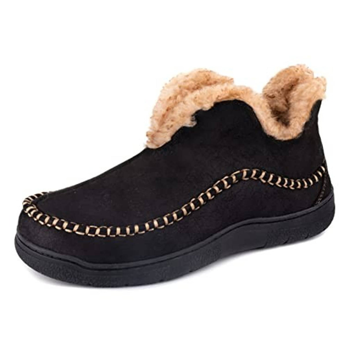 Men’s black moccasin bootie slippers, side view with tan faux-shearling trim and sole