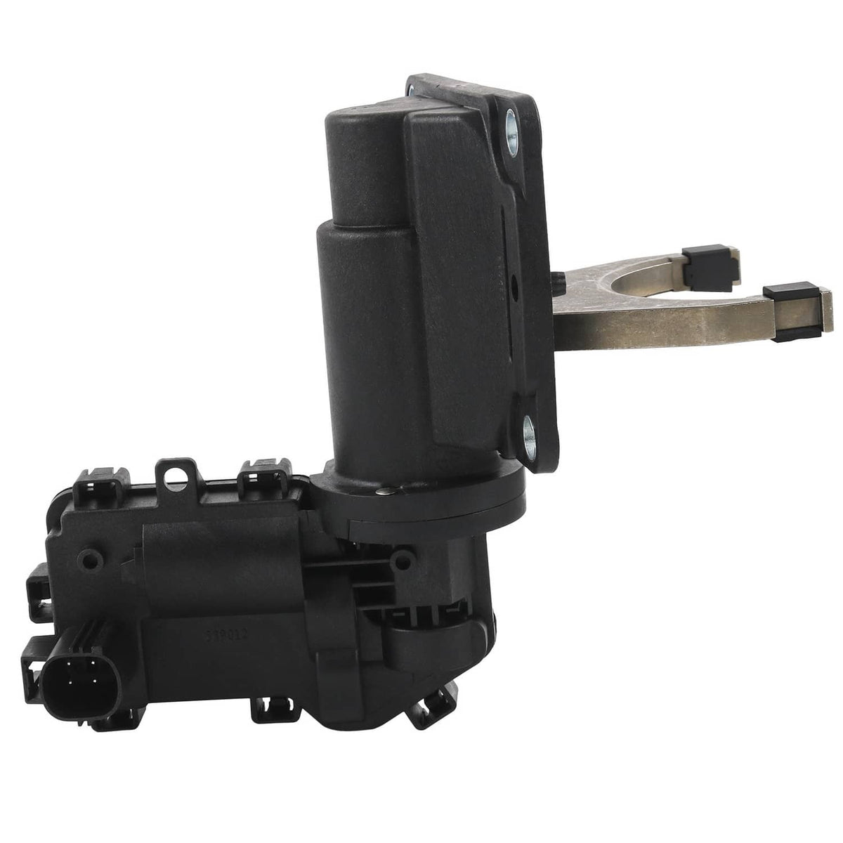 Black actuator fork disconnect with vertical housing, metal fork link, and connector