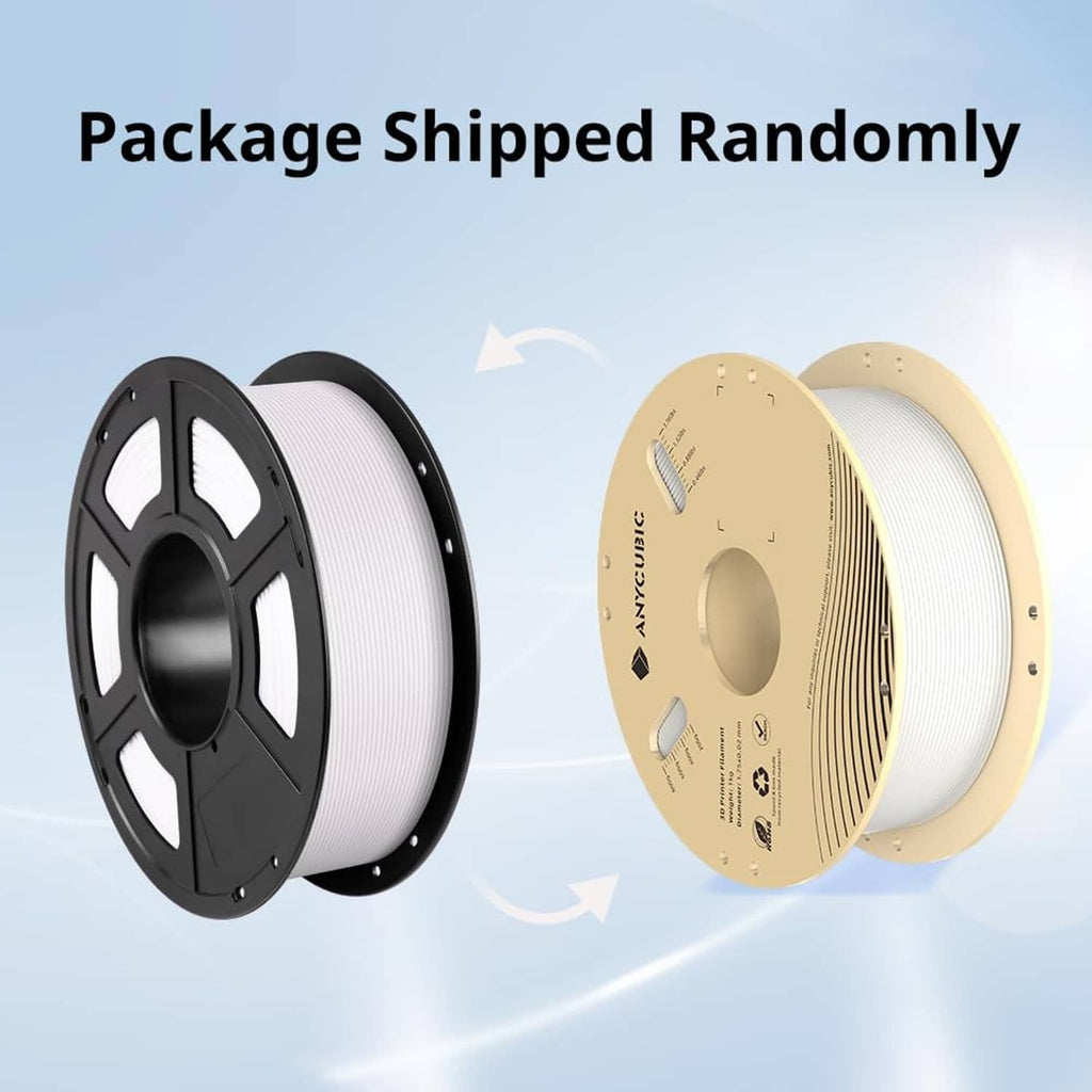 PLA filament spools in black and white displayed with protective shipping packaging
