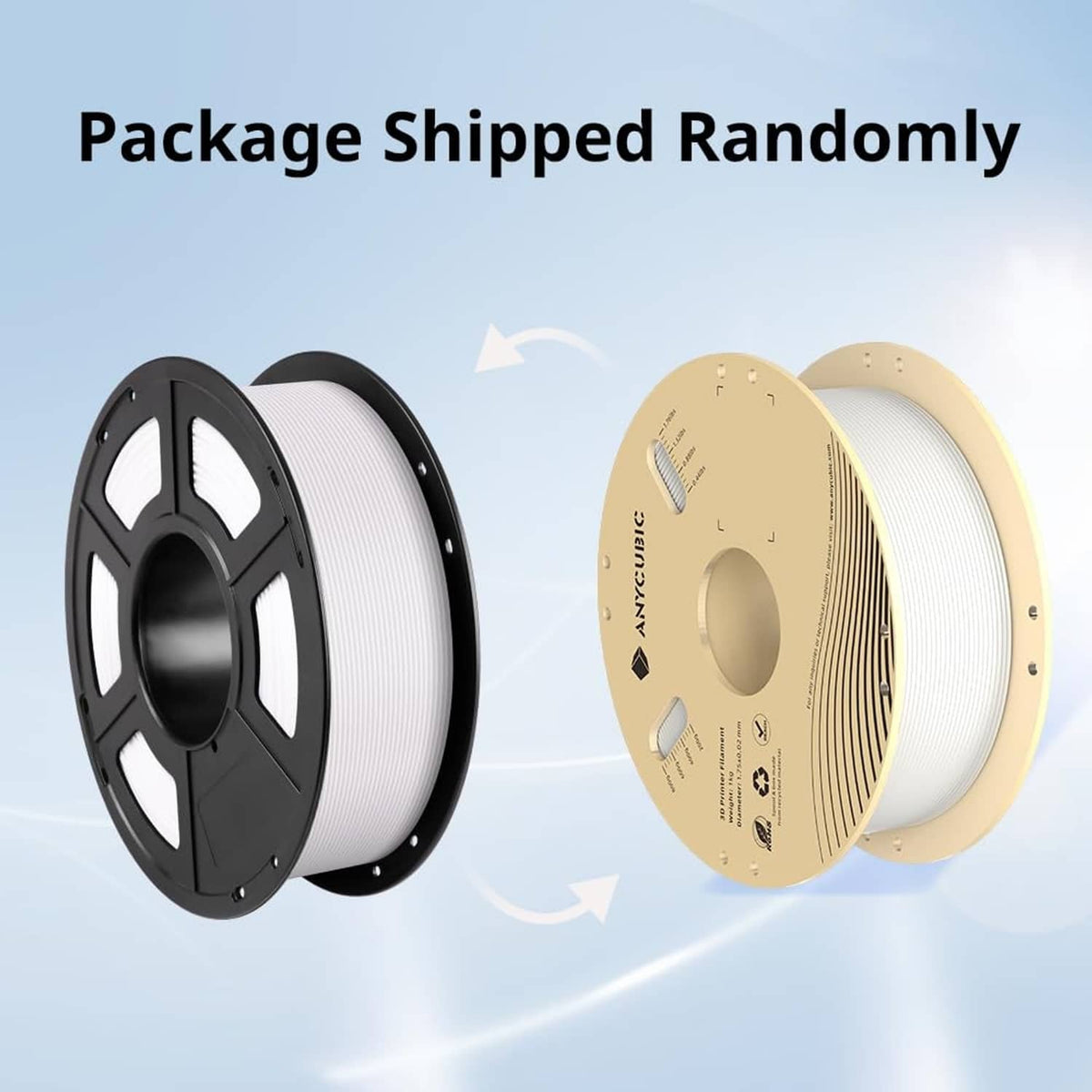 PLA filament spools in black and white displayed with protective shipping packaging