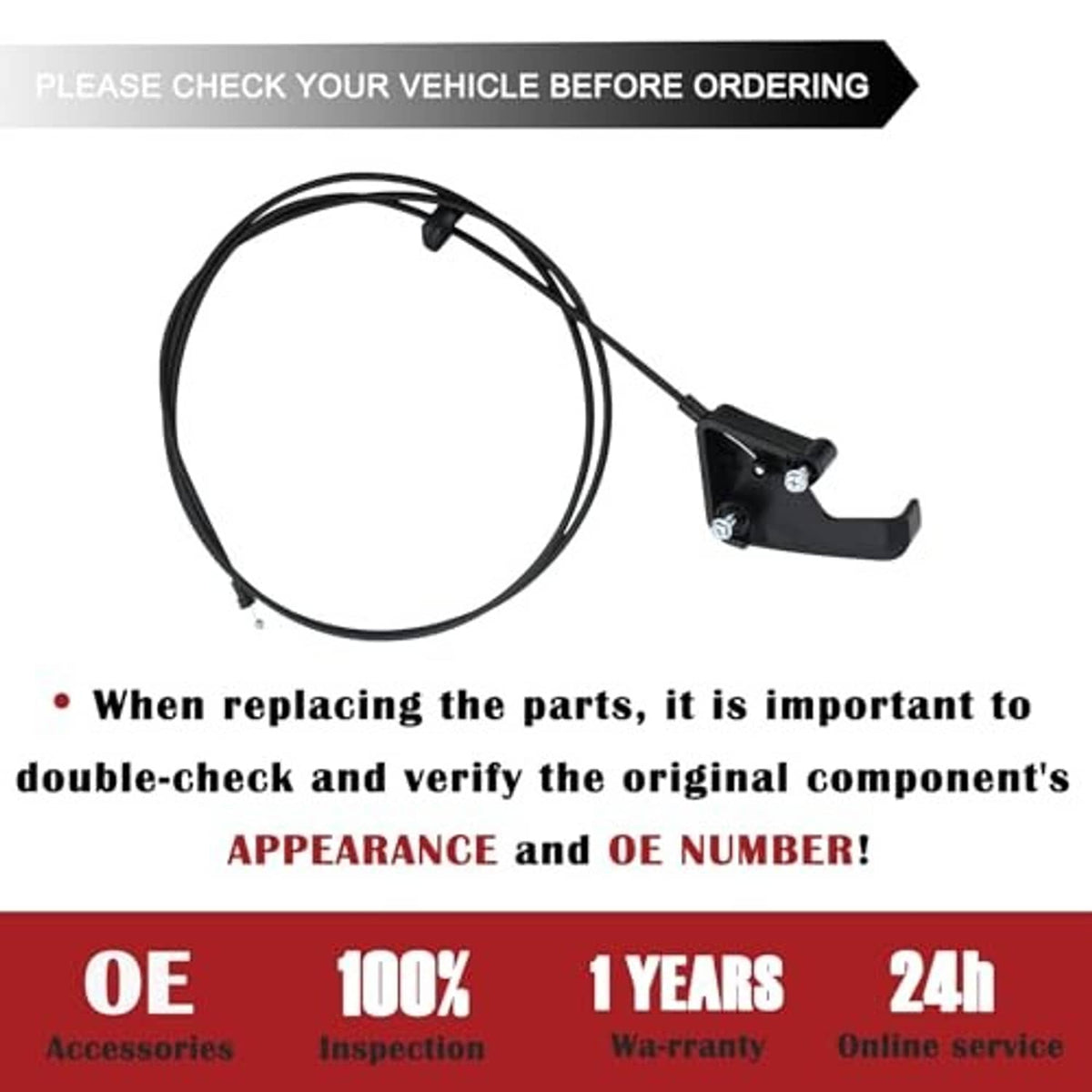 Black hood release cable with pull handle, includes OE replacement note