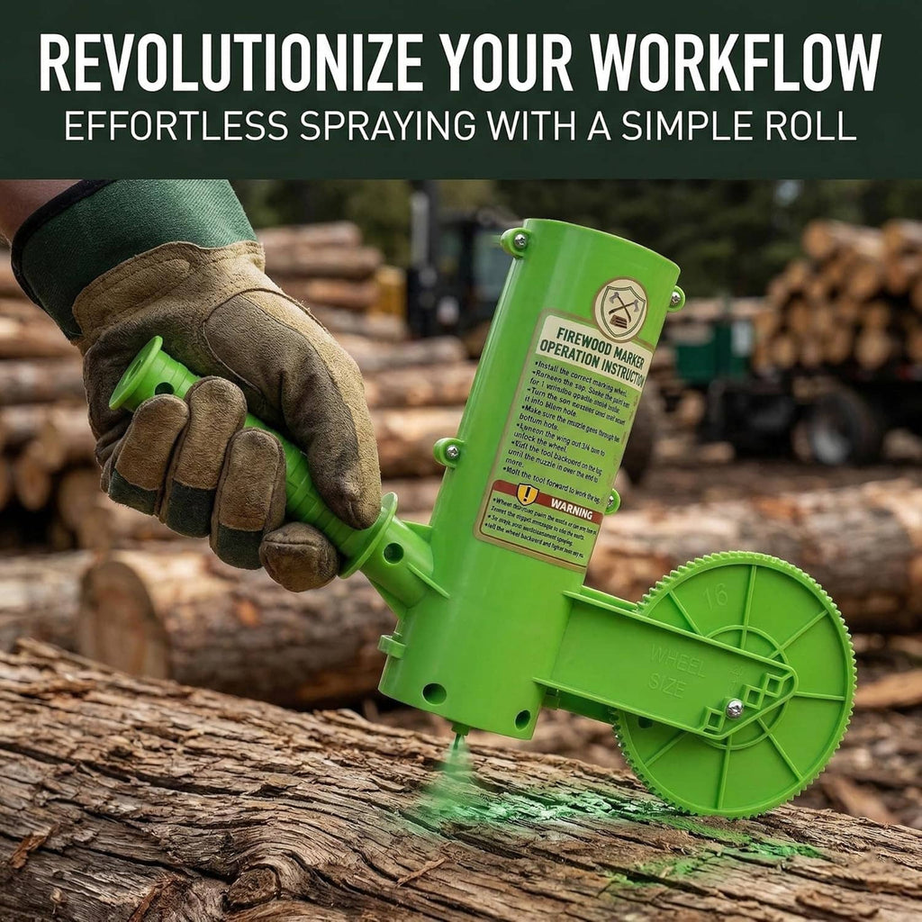 Green firewood paint marker tool rolling onto a log, held in a gloved hand