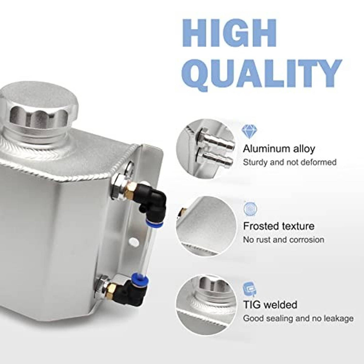 Silver aluminum coolant overflow reservoir tank with TIG-welded seams and top cap
