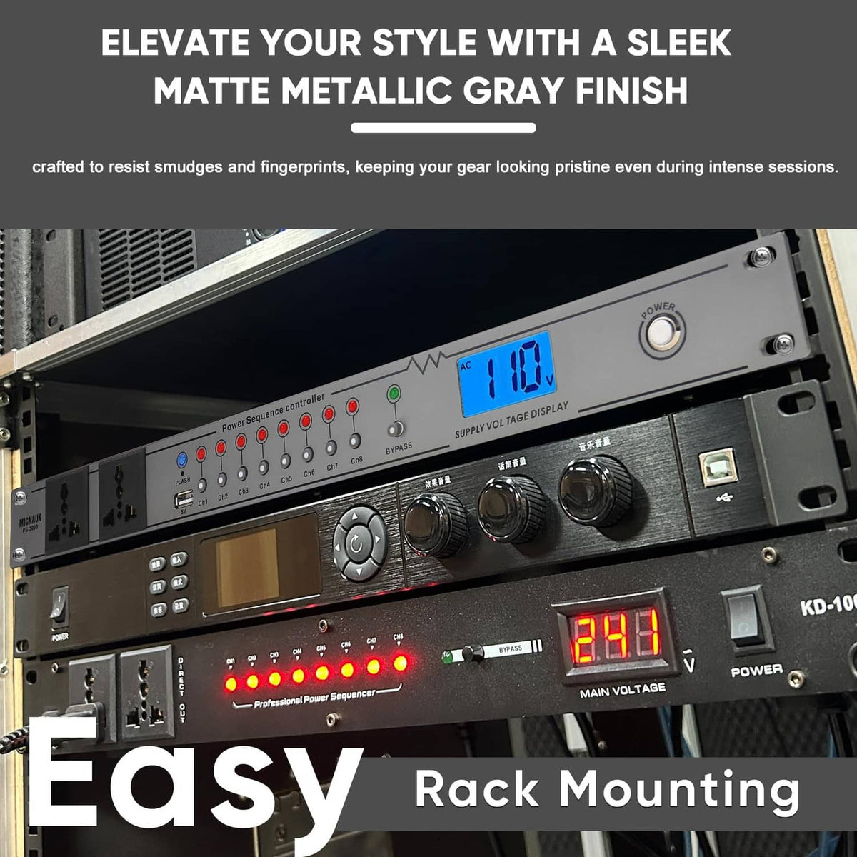 Grey power sequencer rack unit close-up with front panel display, knobs, and ports