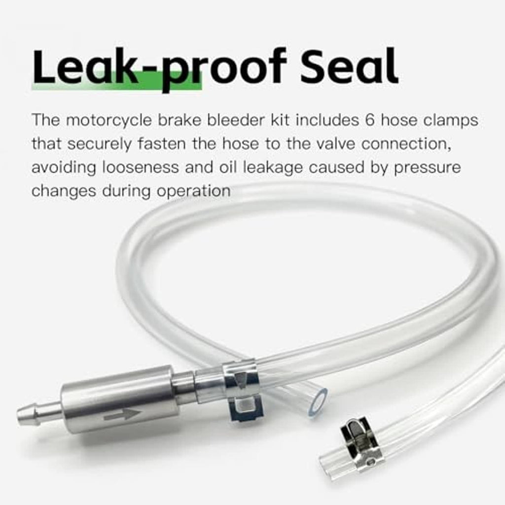 Brake bleeder hose kit with clear hoses, silver one-way check valve assembly, and clamp parts