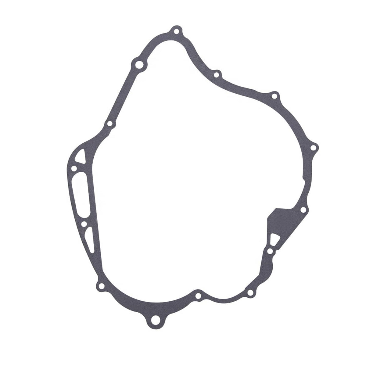 Crankcase cover gasket in dark gray, rounded profile with center slot and holes
