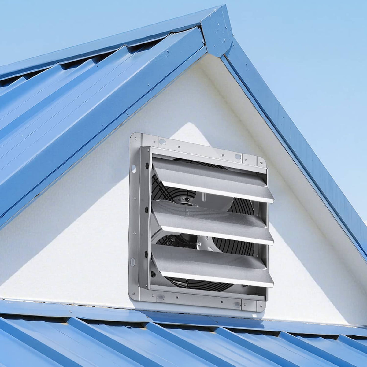 10-inch wall-mounted exhaust fan installed on roof under eave