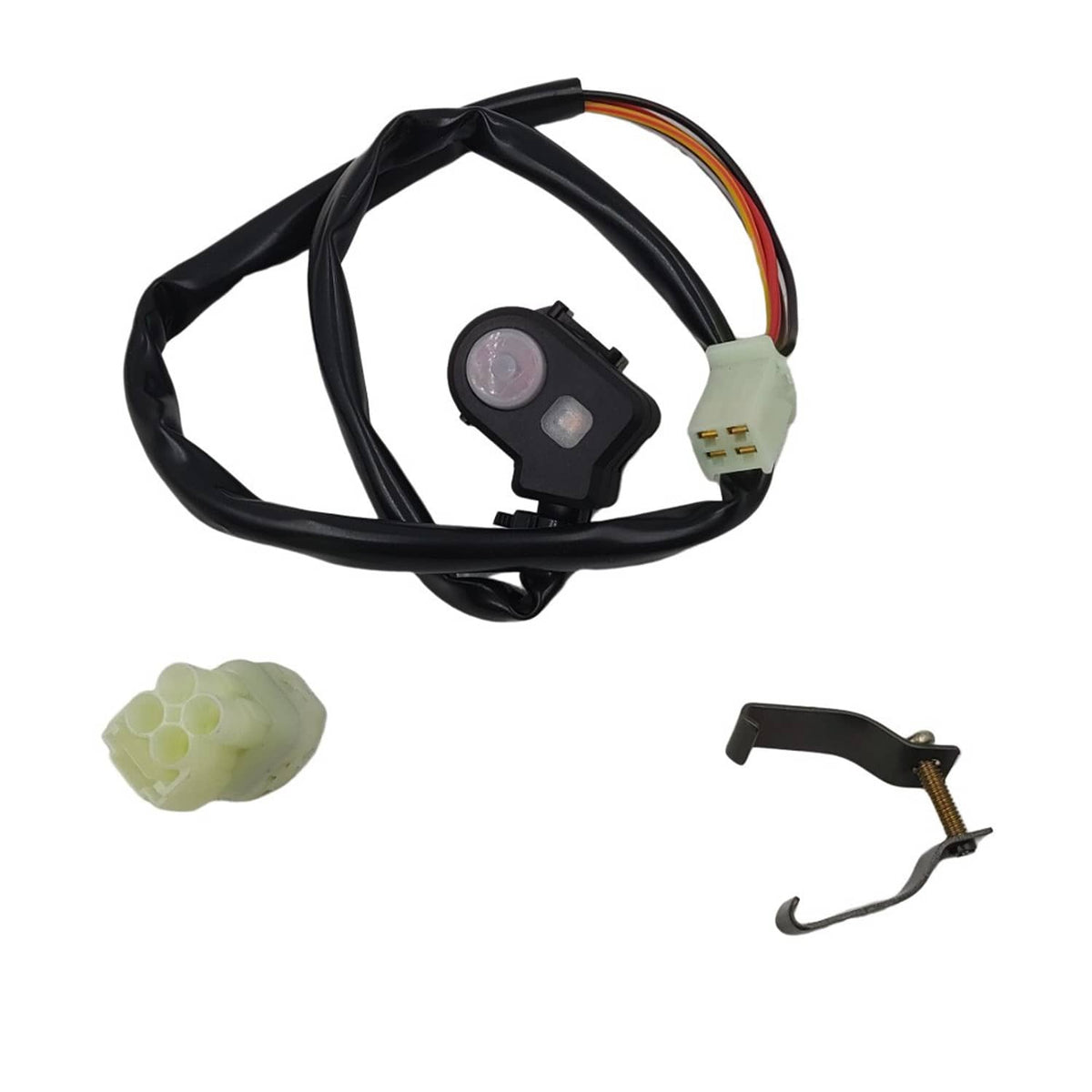 Kill switch module with black wiring harness, light button, connectors, and mounting bracket