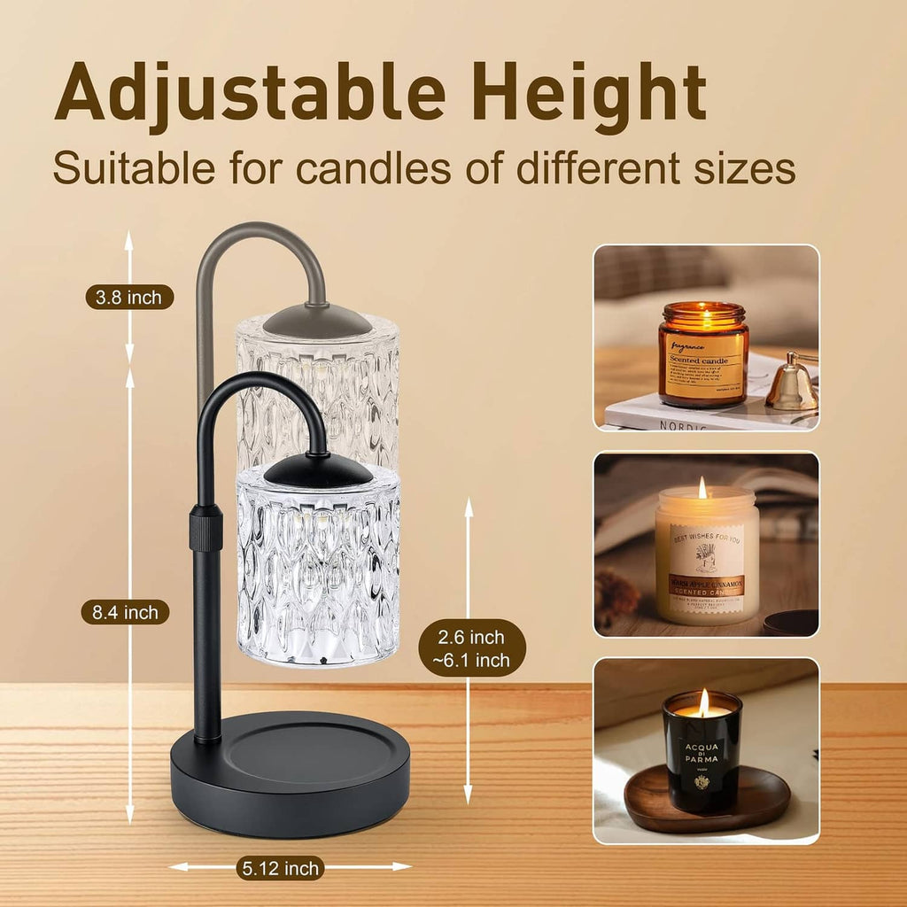 Adjustable height candle warmer lamp with clear glass shade and black base, with size markers