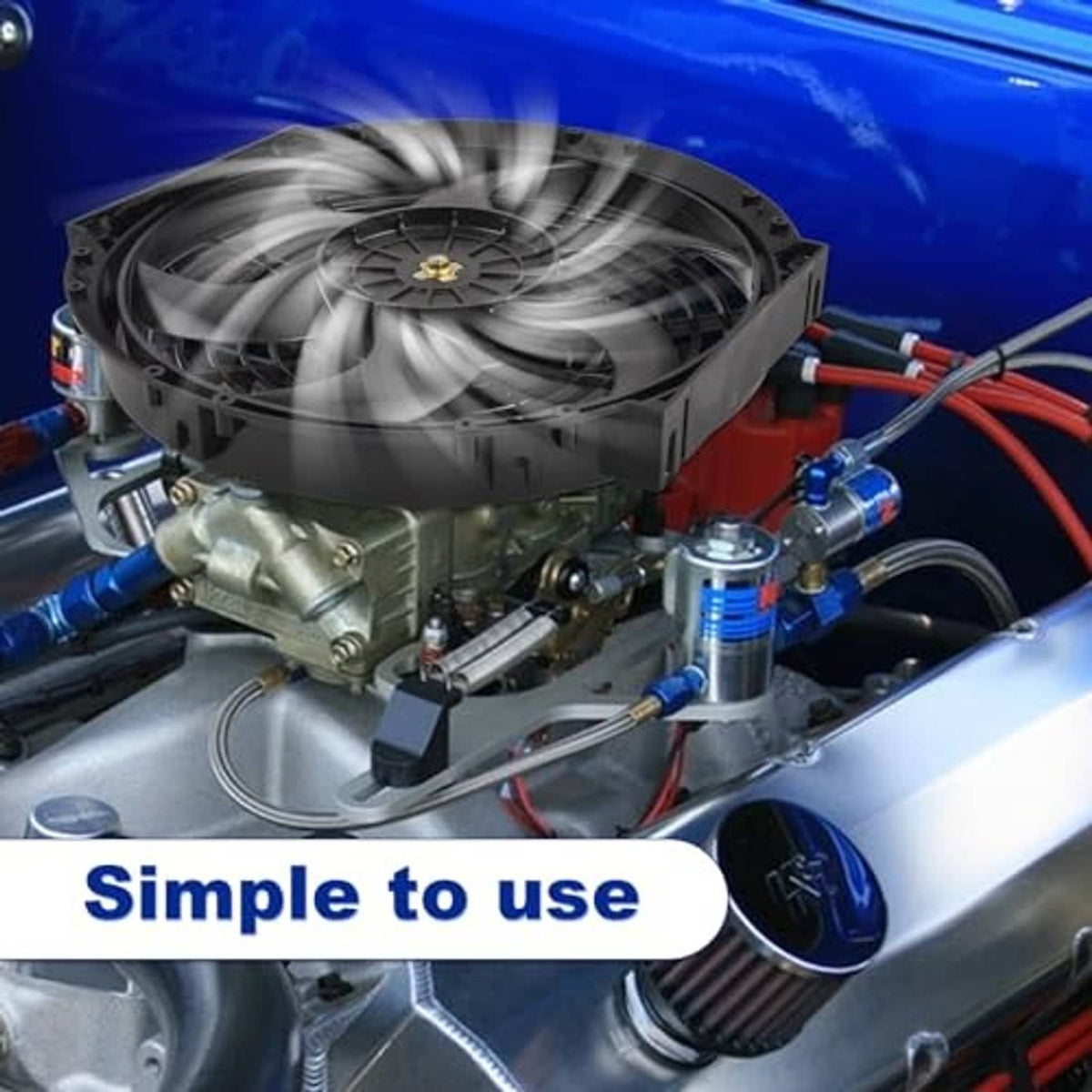 Two 10-inch black radiator cooling fans installed in engine bay with wiring harness