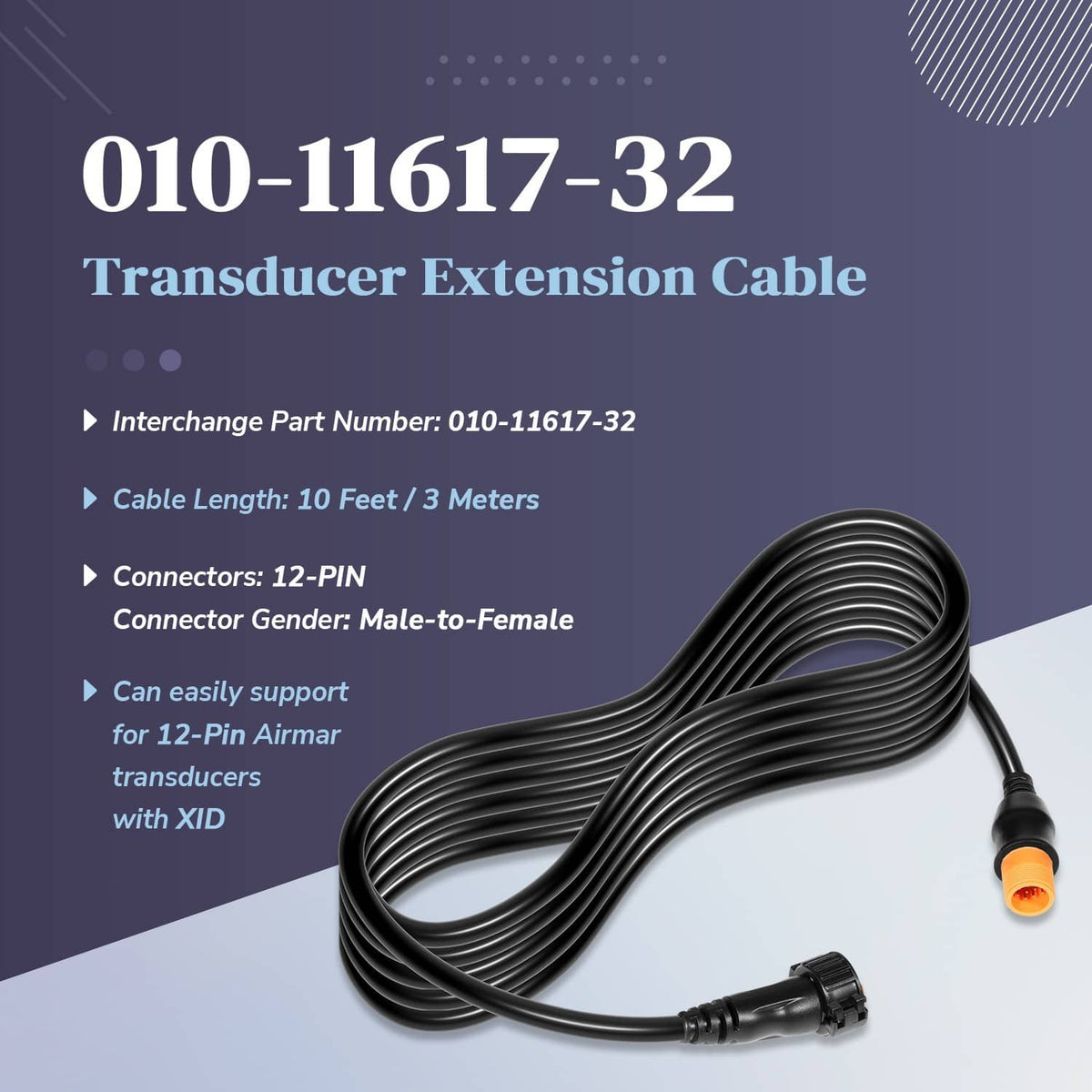 Black 10 ft transducer extension cable with orange 12-pin plug and socket ends