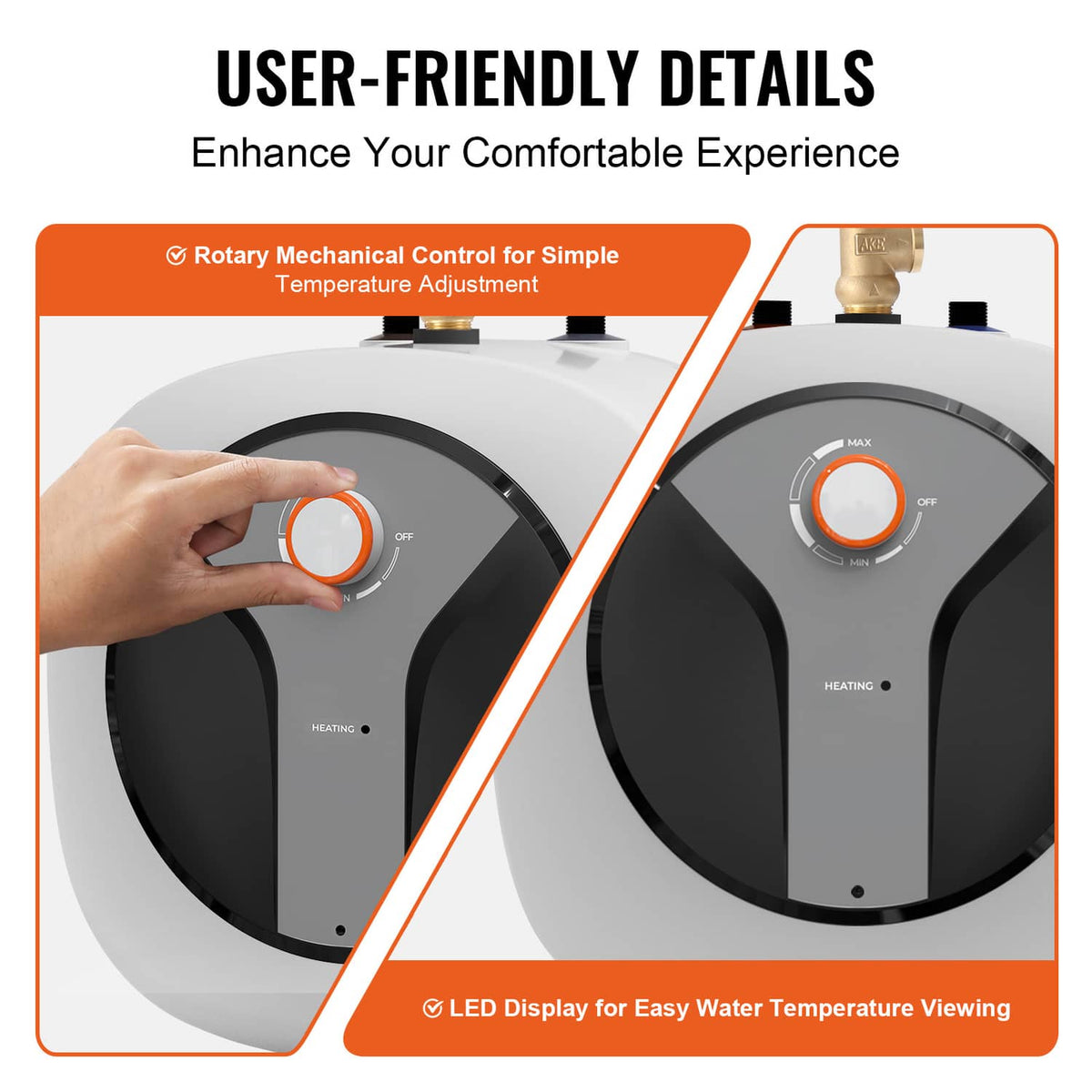Electric mini tank water heater with orange temperature dial, user thumb adjusting control