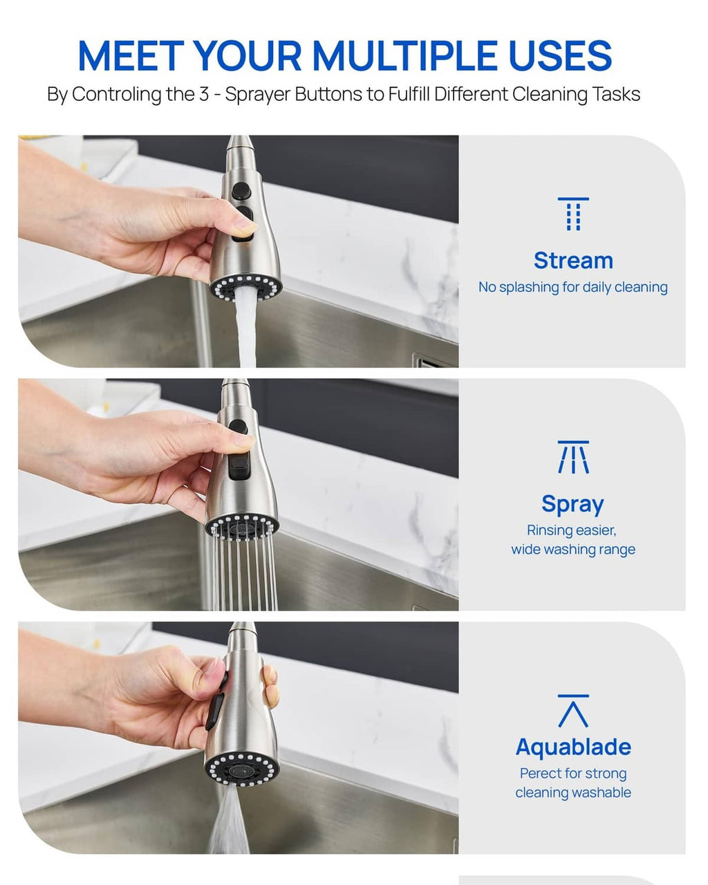 Kitchen faucet sprayer head showing multiple spray modes with stream and spray patterns