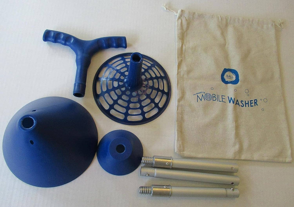 Portable hand washer parts set: blue dome, strainer disc, handle, tubes, and beige bag