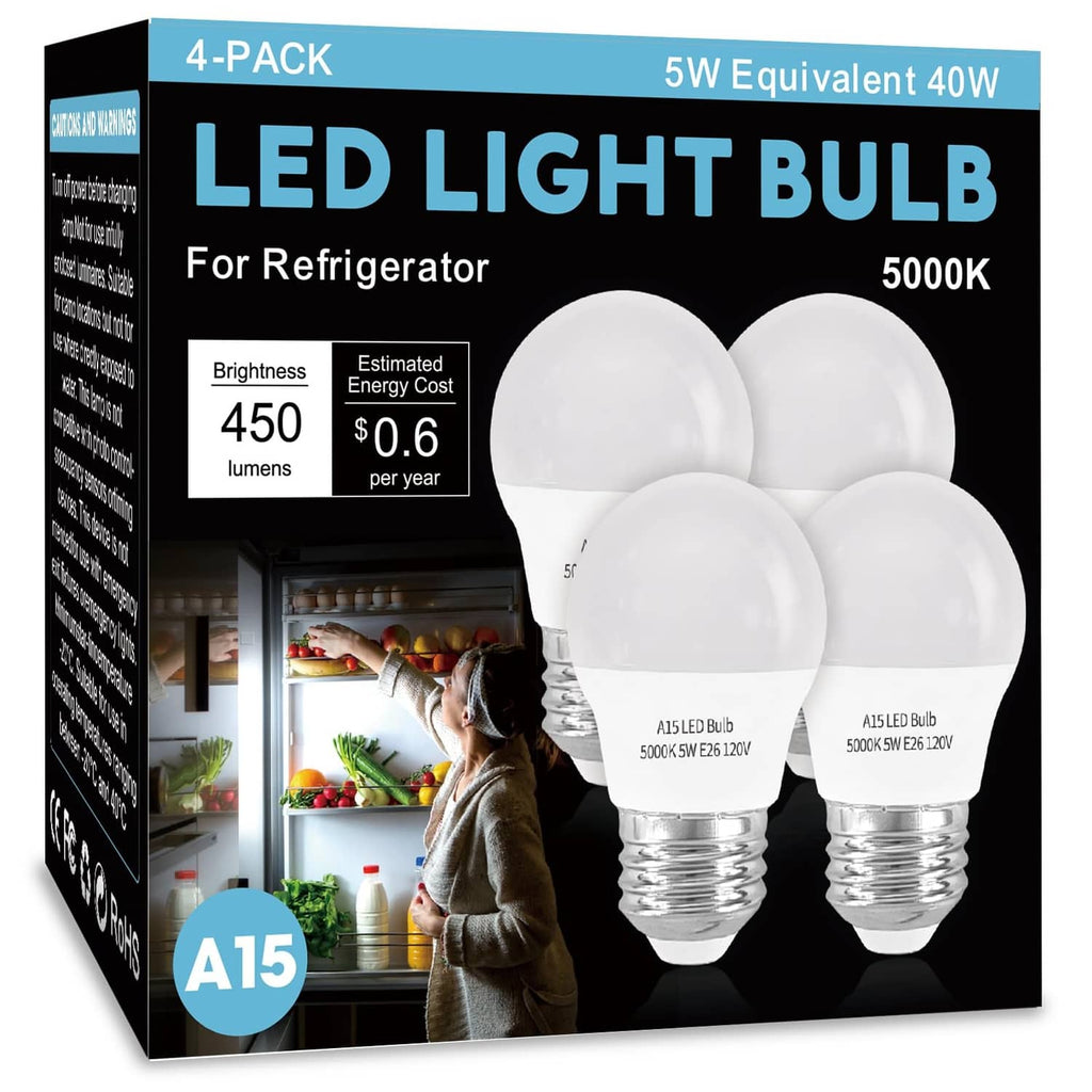 Four-pack A15 LED refrigerator light bulbs, daylight white 5000K, E26 base