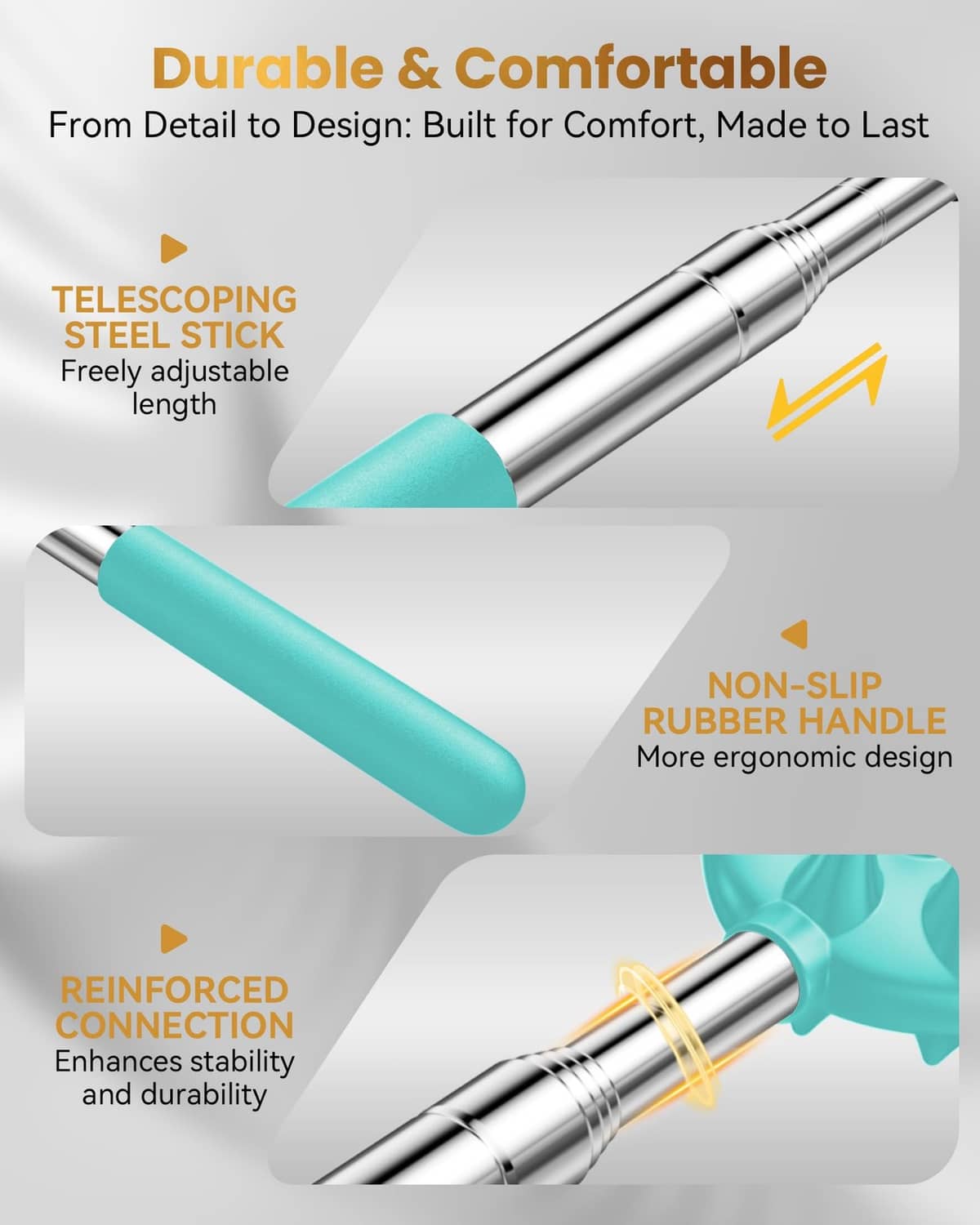 Teal non-slip rubber handle telescoping back scratcher with reinforced chrome steel stick
