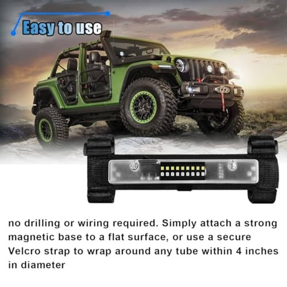 Universal LED light bar with clear lens and black strap mount, attached to UTV roll bar