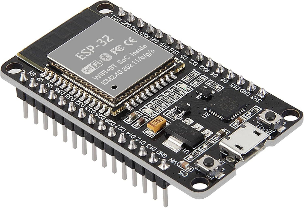 ESP-32 dev board angled view with ESP-32 chip, USB connector, and long pin headers