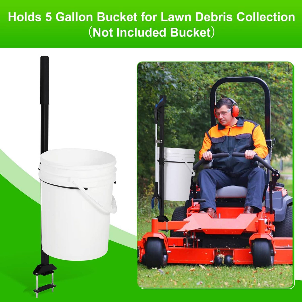 Bucket bracket attachment with black handle and base stand for a 5-gallon bucket