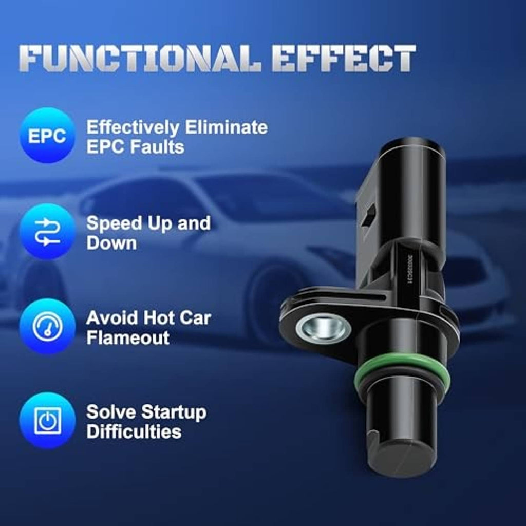 Camshaft position sensor with black body, green seal ring, and metal sensor plate