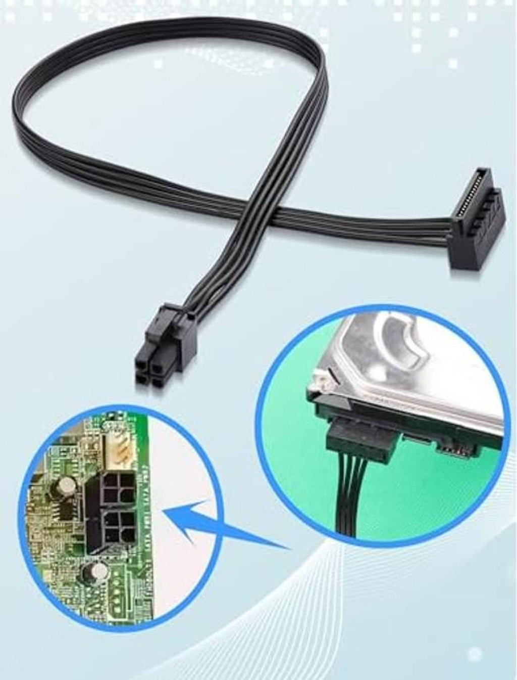 ATX 4-pin to SATA extension cable connected to drive header, with PCB detail inset