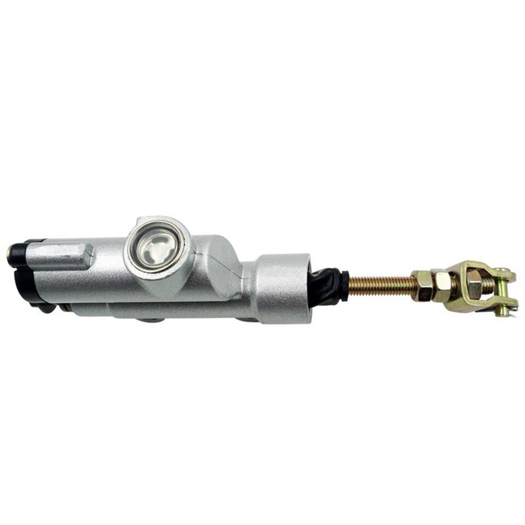 Rear brake master cylinder, silver with brake hose outlet and clamp-style mounting hardware