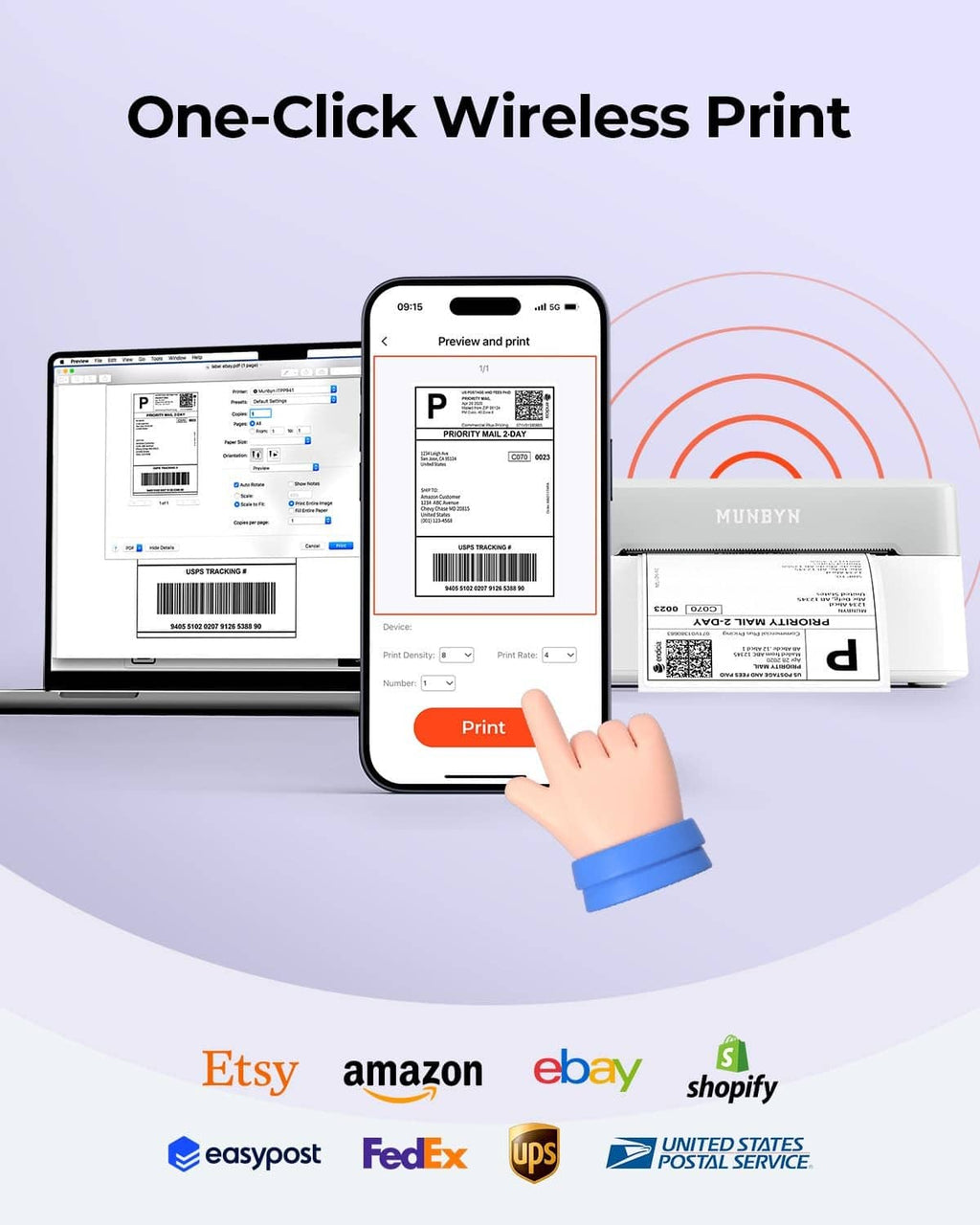 Grey thermal label printer printing while a smartphone shows one-click print