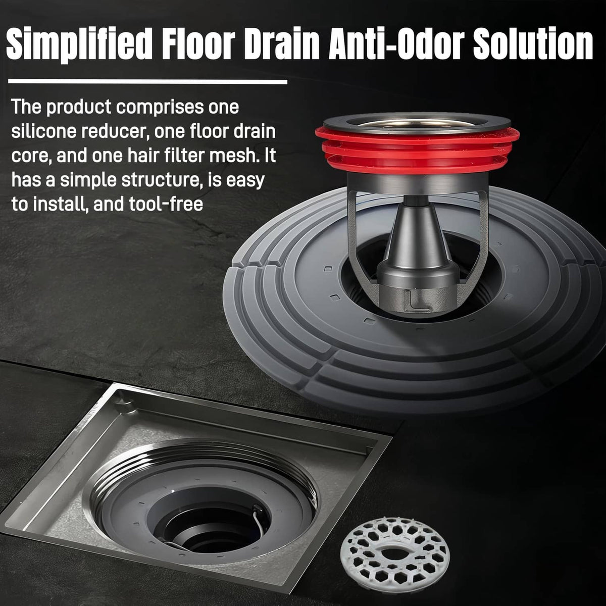 Shower floor drain backflow preventer with red silicone reducer and mesh filter