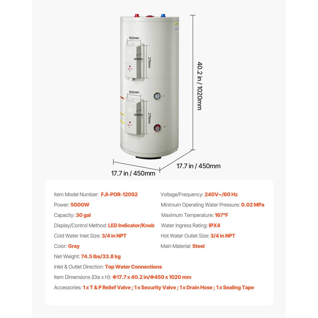 30-gallon electric water heater tank with dimension diagram and control labels on front
