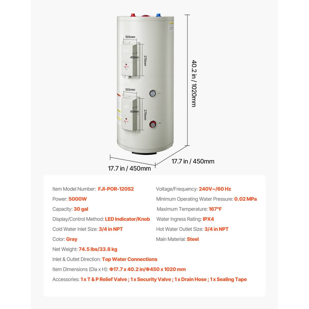 30-gallon electric water heater tank with dimension diagram and control labels on front