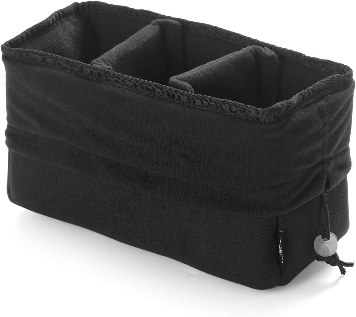 Black shockproof camera bag insert bin with reinforced rim and drawstring toggle