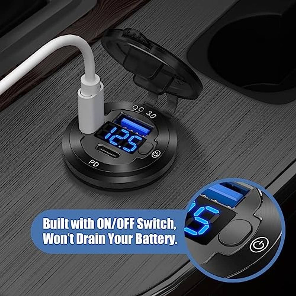Black round 12V car USB socket with PD/USB-C port and inline on/off switch