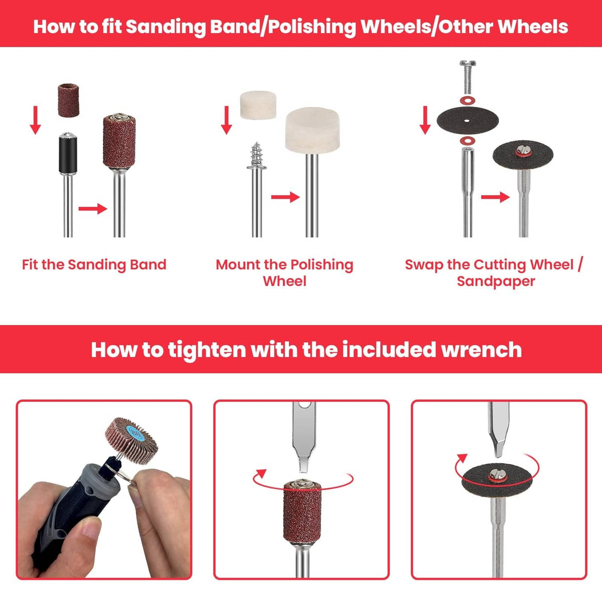 Instruction graphics for fitting sanding bands and polishing wheels to a rotary tool