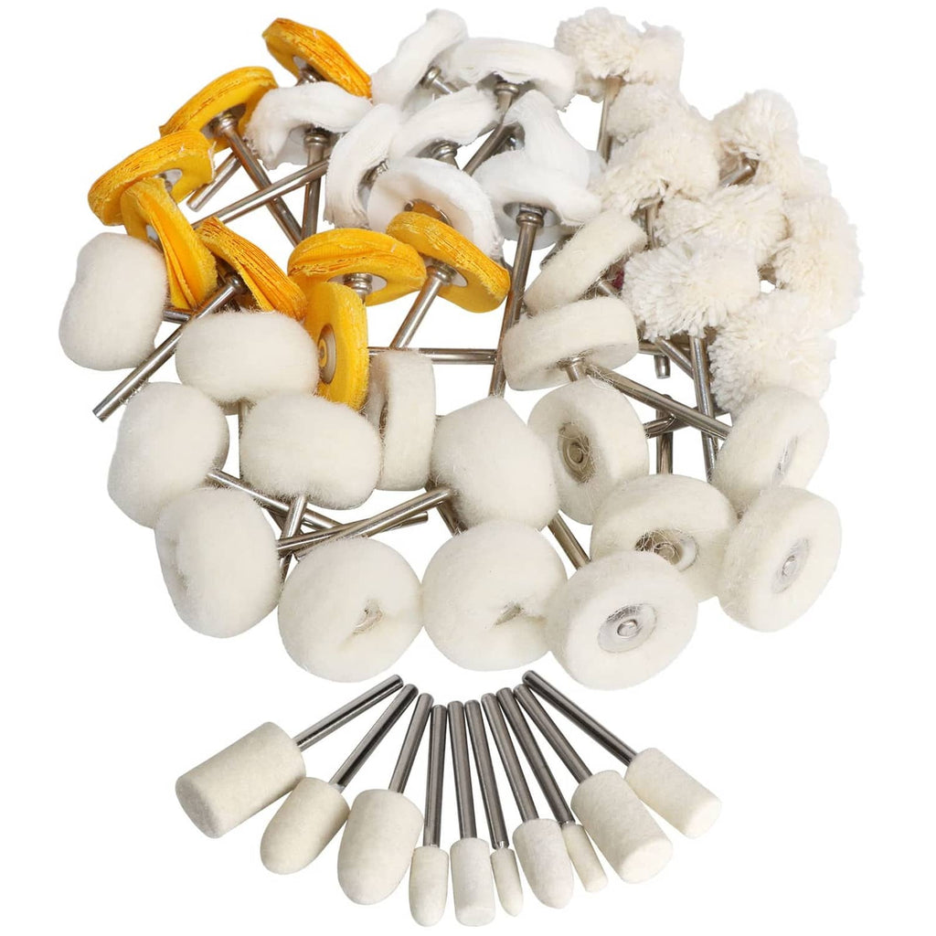 Mixed polishing wheels: white felt and yellow/orange felt heads on metal shafts