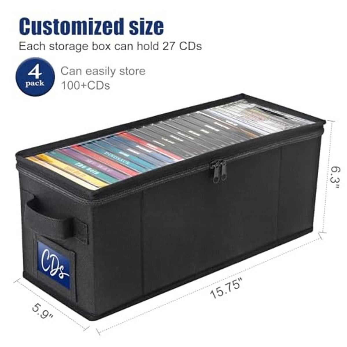Black foldable CD storage box with clear top window, zipper closure, front label pocket