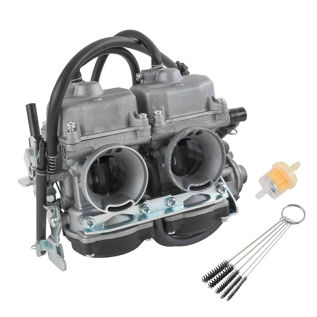 Dual carburetor assembly with intake boots, orange fuel filter, and cleaning tool springs