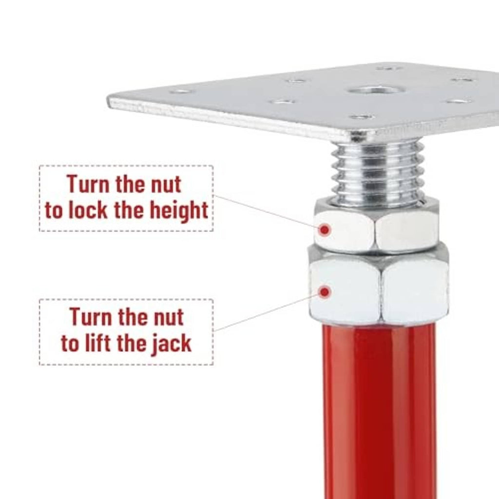 Adjustable screw jack with red post, silver top plate, and locking height nut