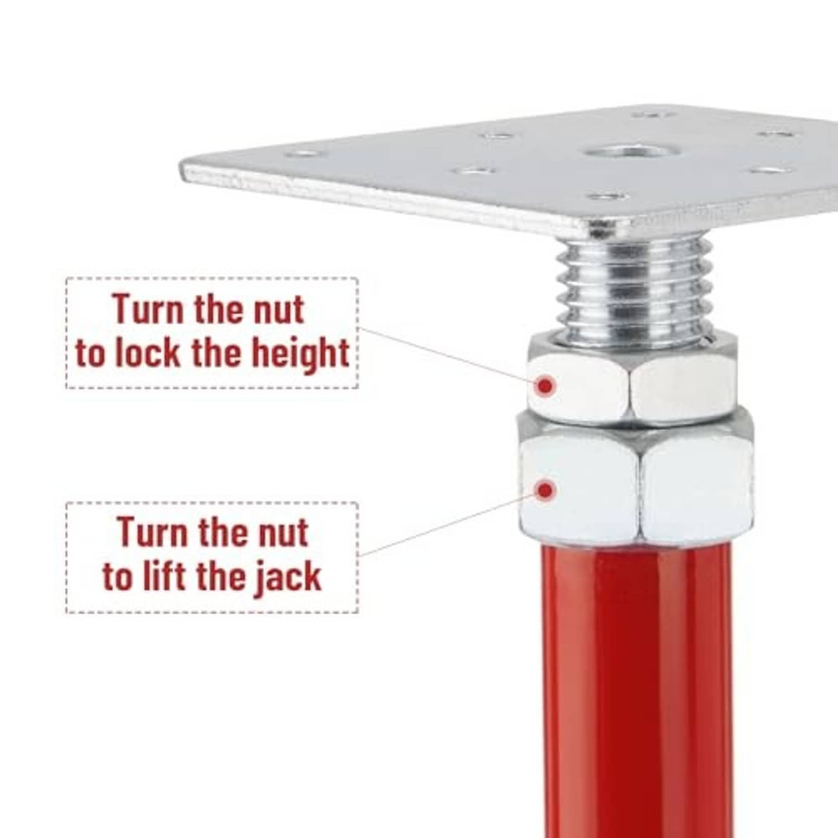 Adjustable screw jack with red post, silver top plate, and locking height nut