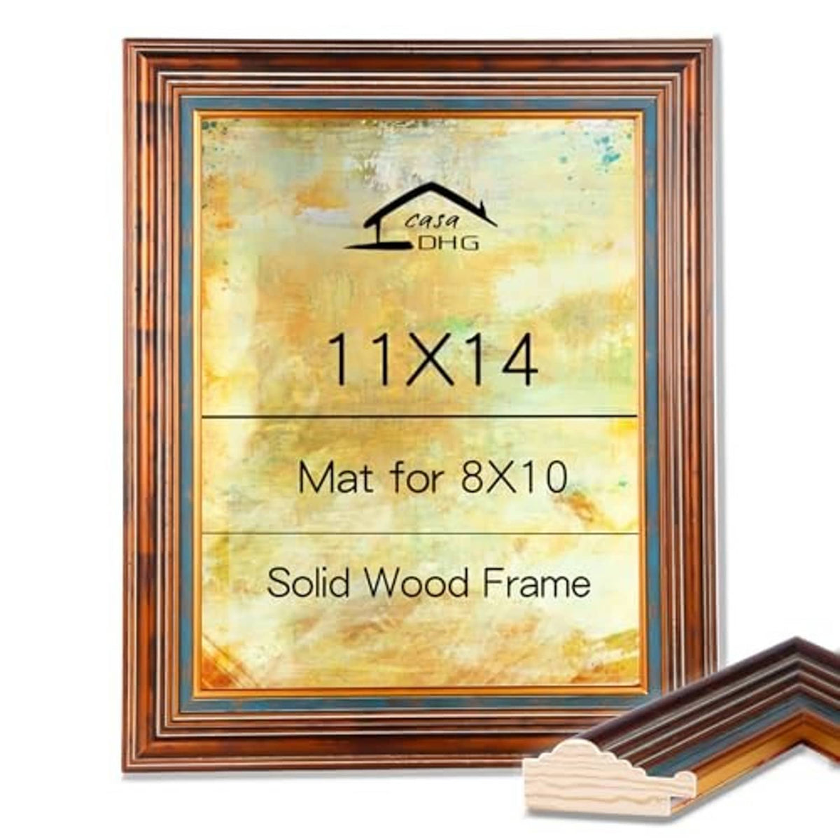 11x14 vintage picture frame with real glass front, gold-toned wood border and corner detail